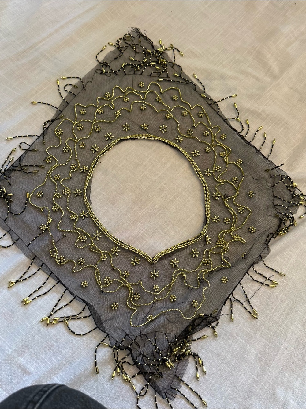 Vintage 1920’s Black Beaded Fringe Mesh Shawl with Gold Accents - Picture 7 of 7